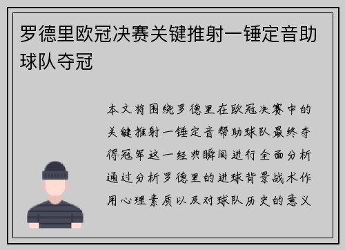 罗德里欧冠决赛关键推射一锤定音助球队夺冠